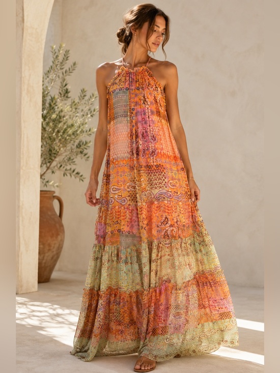 Alexis Dresses & Skirts - Alexis Rosaline Sunset Paisley Halter Tiered Boho Maxi Dress Medium